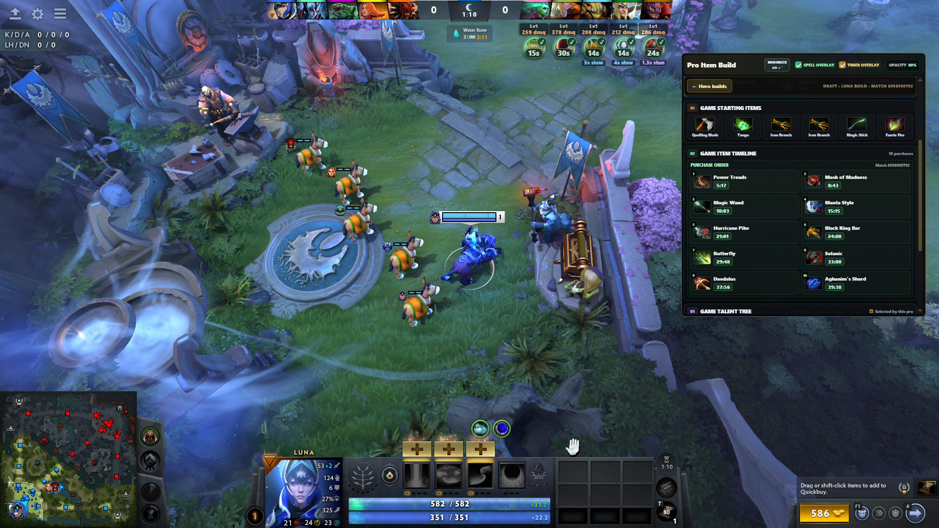 DotaSense Pro Item Build showing a professional Luna purchase timeline beside a real Dota 2 match